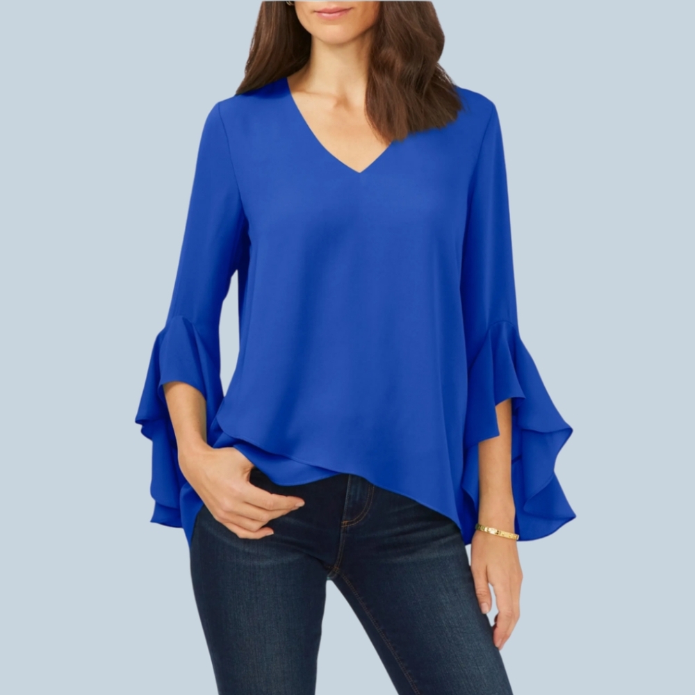 Vince Camuto 3/4 Flutter Sleeve v-neck crisscross front blue tunic NWT $89 msrp